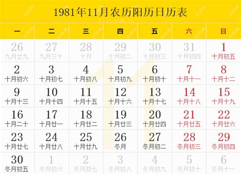 1981年11月7日|1981年日历表,1981年农历表（阴历阳历节日对照表）